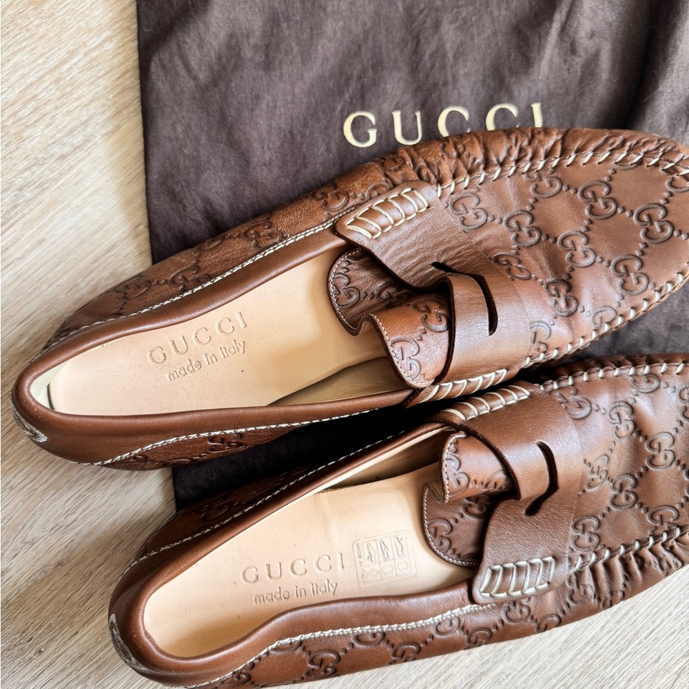 Gucci Men's Embossed Brown Leather Loafers